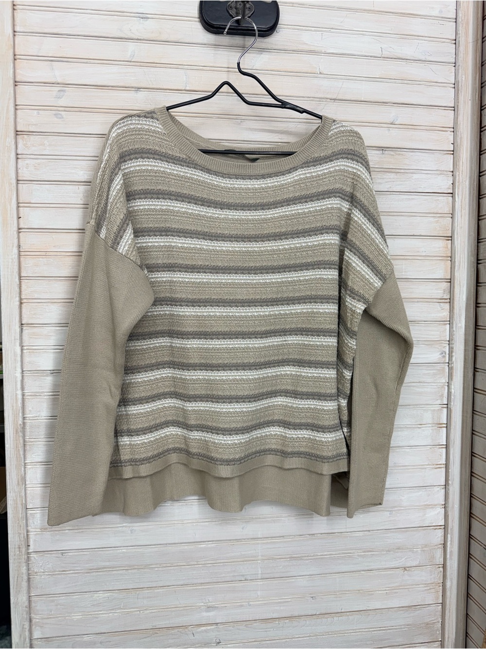 Woolrich Women’s XL Striped Crewneck Cotton Sweater in Tan & White